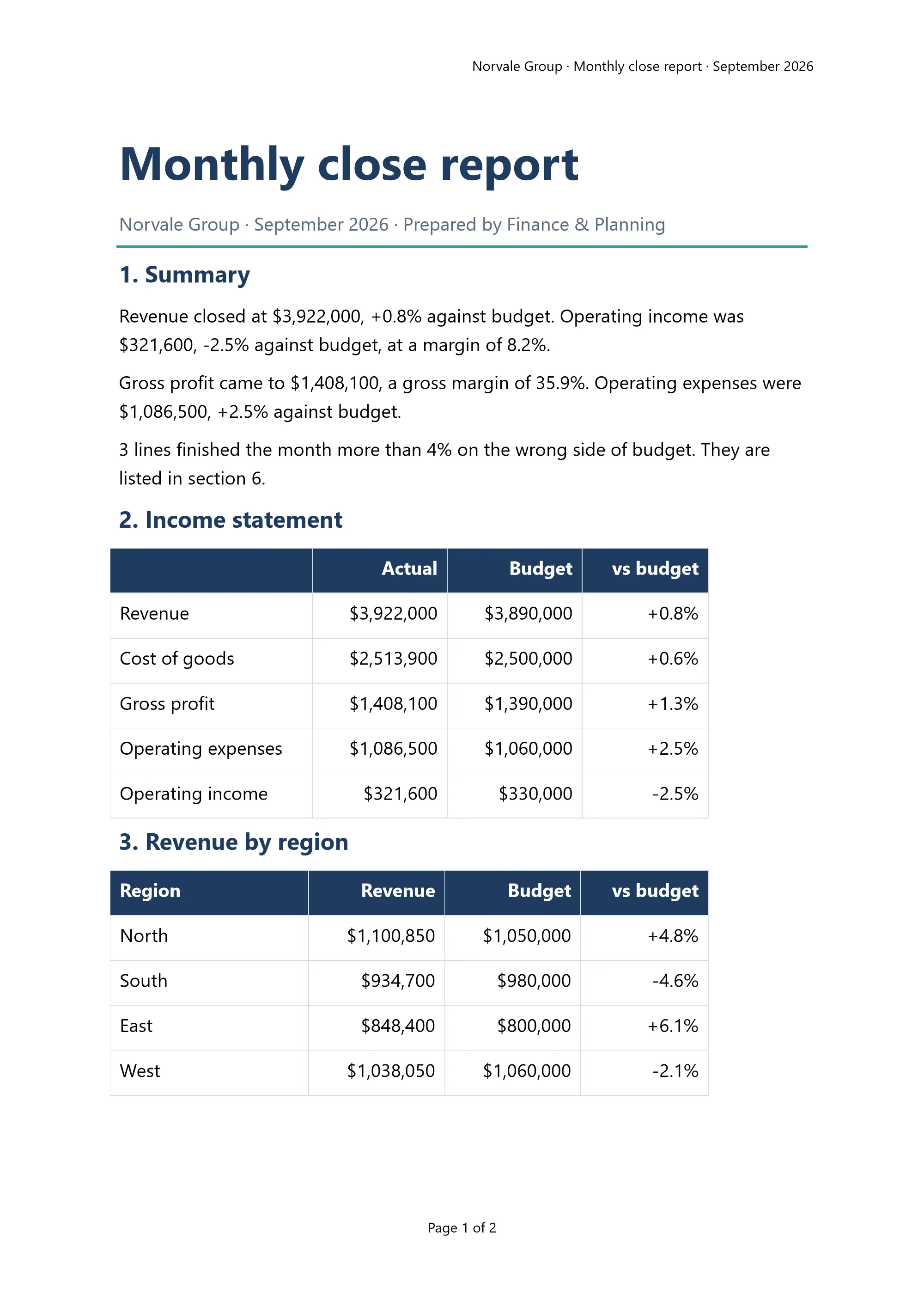 The first page of the report: the title, a summary in three sentences, the income statement and revenue by region as tables.